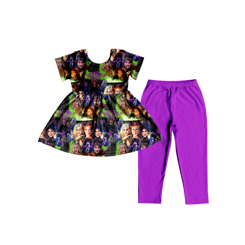 (Custom Design Preorder MOQ 5) Witches Tunic Top Purple Pants Girls Halloween Bamboo Clothes Set