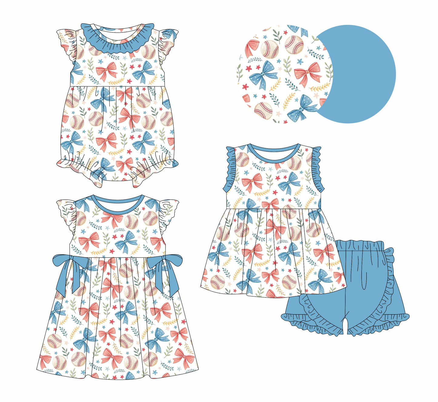 3.29(Custom Design Preorder MOQ 5 Each Design) Baseball Bows Print Girls Summer Matching Clothes Sisters Wear