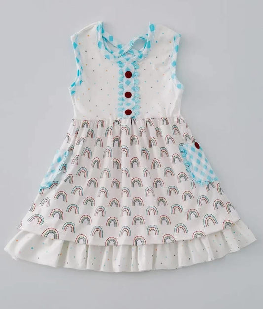 (Custom Design Preorder MOQ 5) Rainbow Print Pockets Girls Knee Length Summer Dress