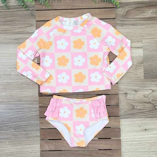 (Custom Design Preorder MOQ 5)  Pink Flowers Plaid Print Girls Long Sleeve 2 Piece Swimsuits