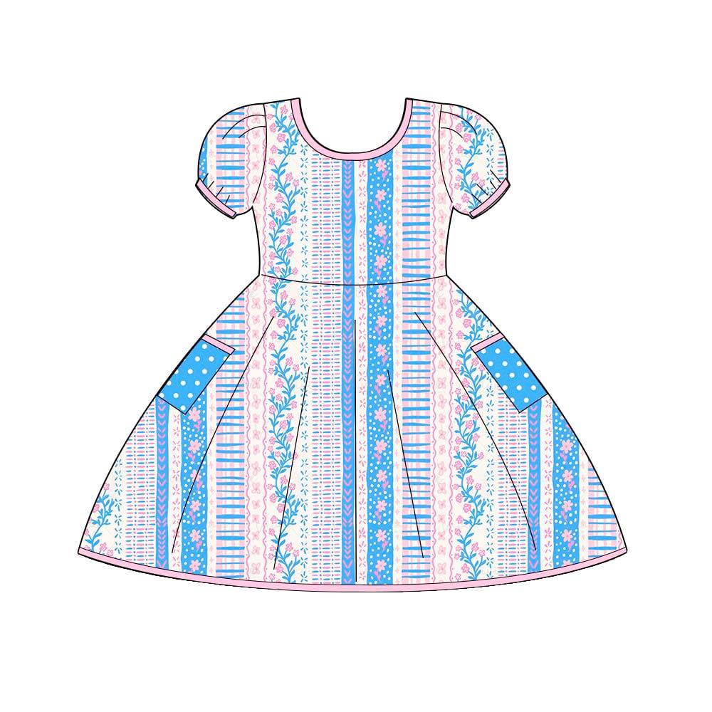 (Custom Design Preorder MOQ 5) Small Flowers Print Pockets Girls Summer Knee Length Dress