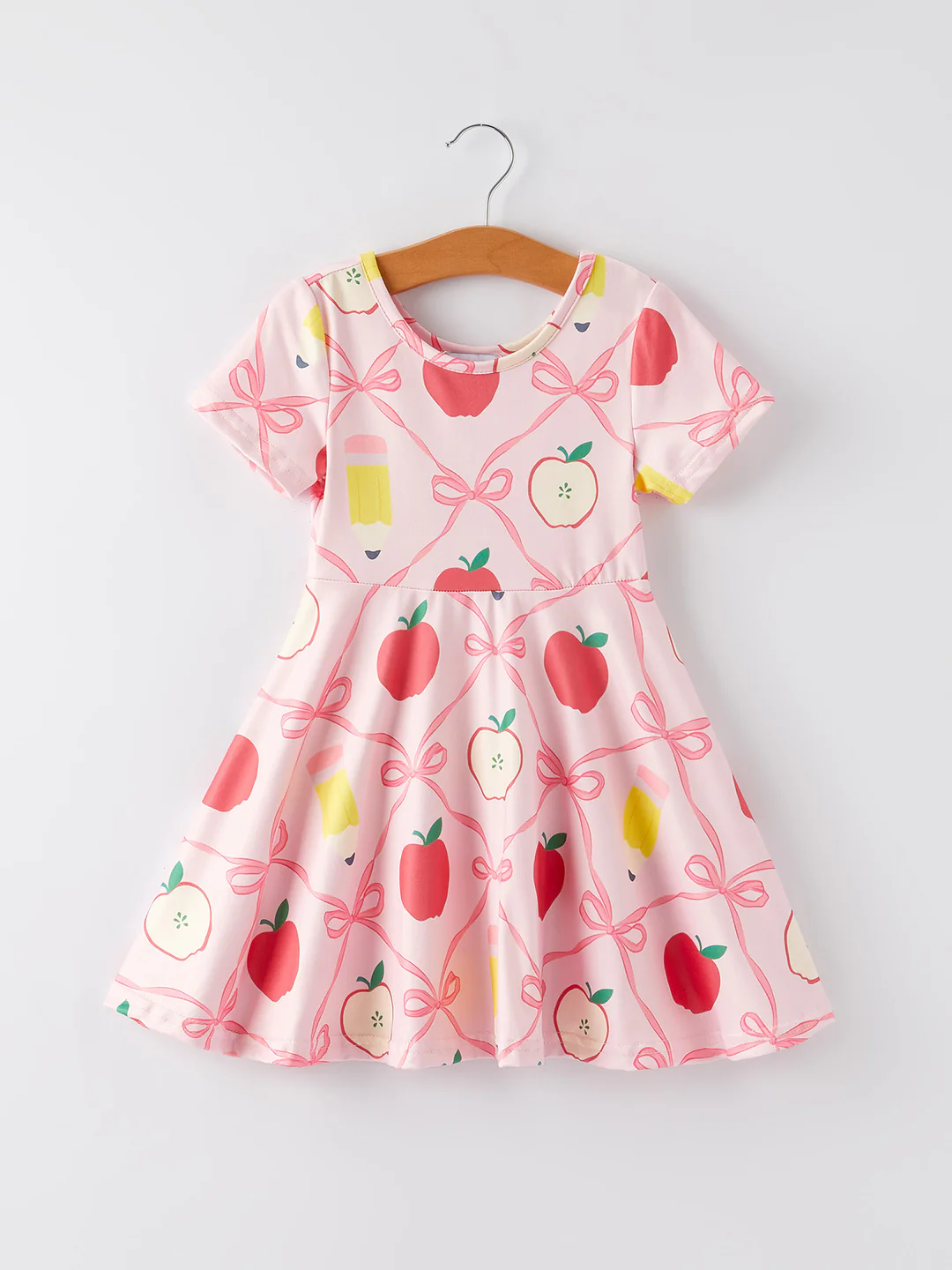 (Custom Design Preorder MOQ 5) Apple Bows Pen Print Girls Back to School Knee Length Dress