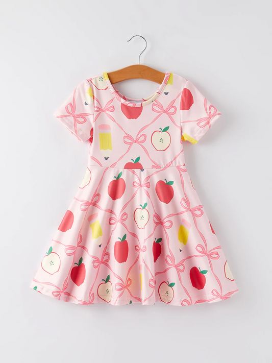 (Custom Design Preorder MOQ 5) Apple Bows Pen Print Girls Back to School Knee Length Dress