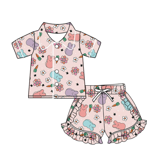 (Custom Design Preorder MOQ 5) Bunny Flowers Print Girls Easter Pajamas Clothes Set