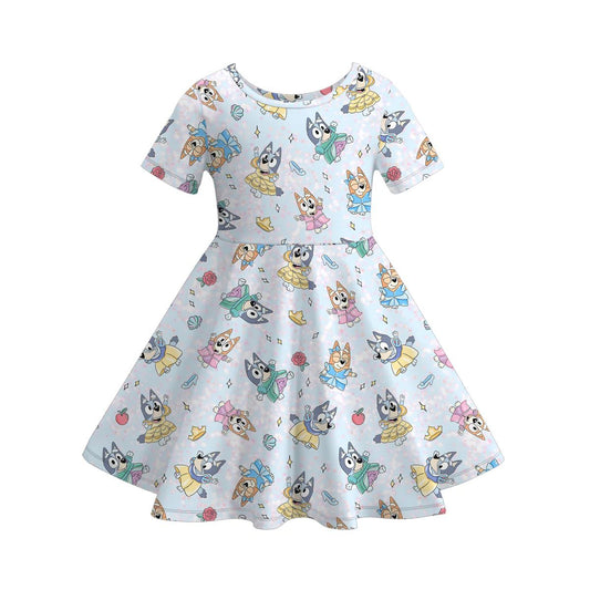 (Custom Design Preorder MOQ 5) Cartoon Dog Print Girls Summer Knee Length Dress