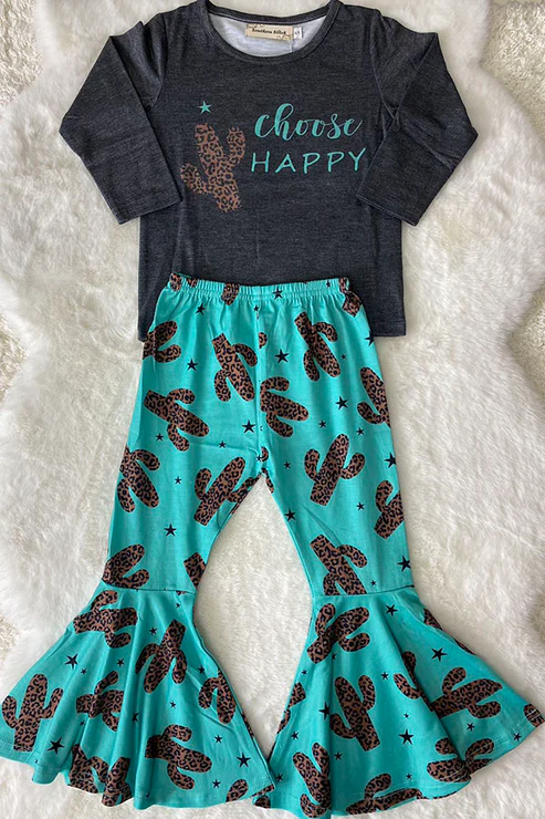 (Custom Design Preorder MOQ 5) Cactus Black Top Blue Bell Pants Girls Clothes Set