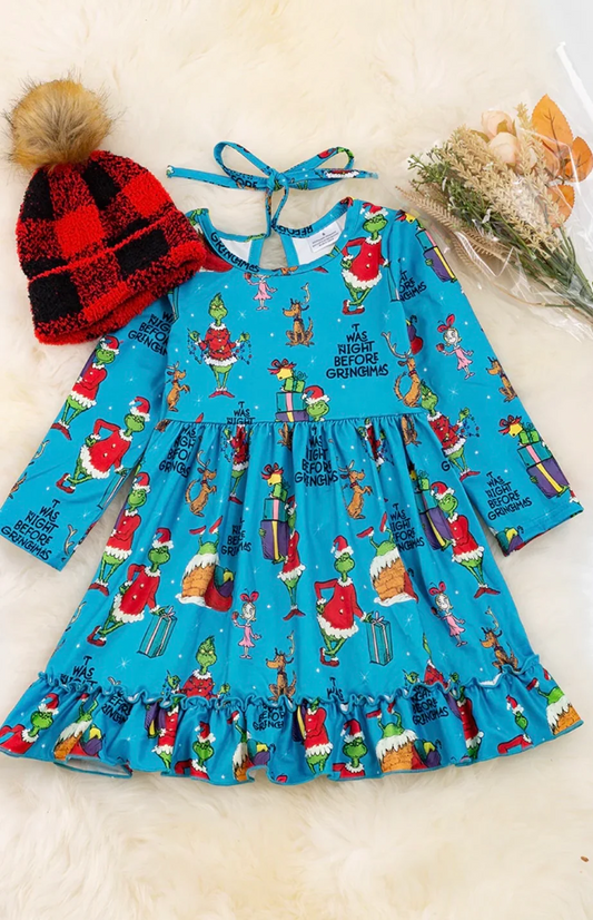 (Custom Design MOQ 5) Blue Christmas Frog Print Knee Length Dress