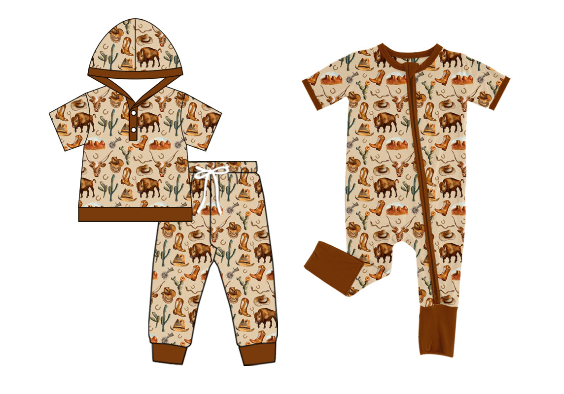 5.5(Custom Design Preorder MOQ 5 Each Design) Cows Boots Cactus Print Boys Western Matching Clothes Brothers Wear