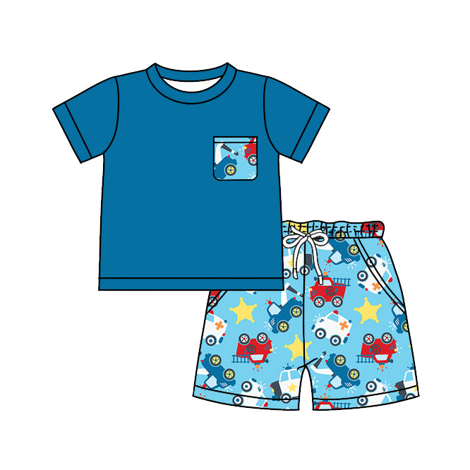 (Custom Design Preorder MOQ 5) Blue Pocket Top Cars Shorts Boys Summer Clothes Set