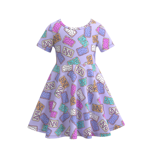 (Custom Design Preorder MOQ 5) Purple Cookies Print Girls Knee Length Summer Dress