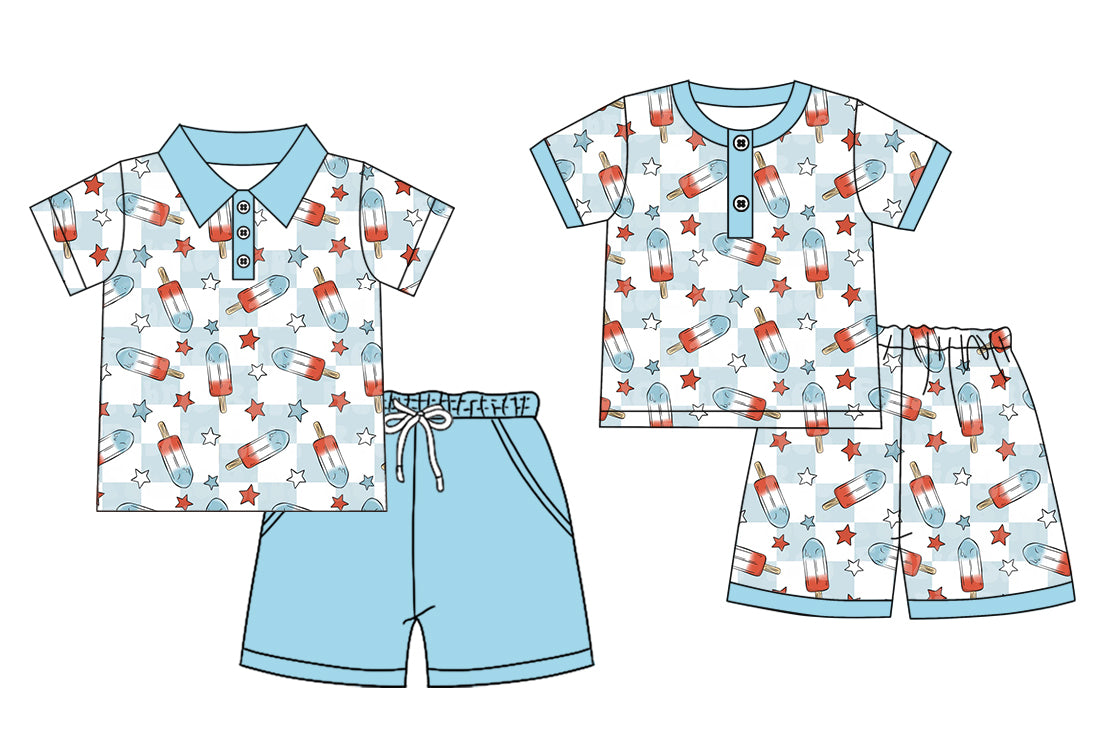 12.1(Custom Design Preorder MOQ 5 Each Design) Popsicle Stars Plaid Print Boys 4th of July Matching Clothes Brothers Wear
