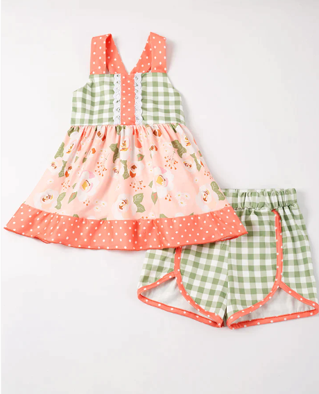 (Custom Design Preorder MOQ 5) Flowers Print Tunic Top Green Plaid Shorts Girls Summer Clothes Set