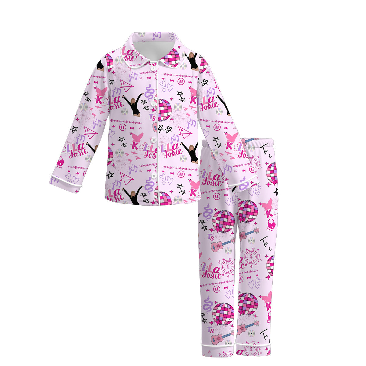 (Custom Design Preorder MOQ 5)  Singer Swiftie Pink Print Girls Fall Buttons Pajamas Clothes Set