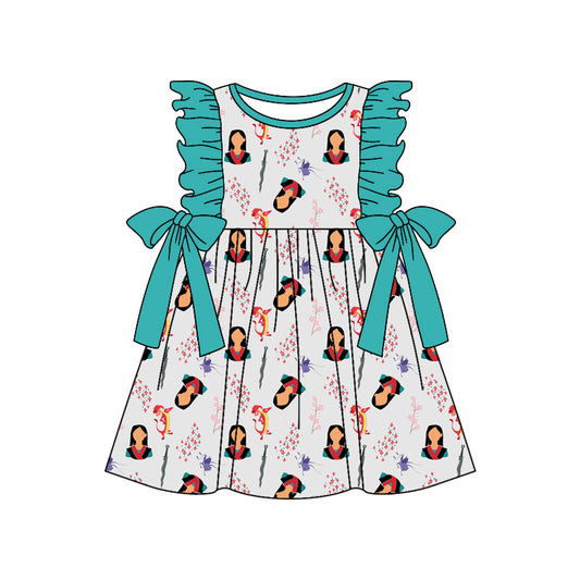 (Custom Design Preorder MOQ 5) Mulan Print Girls Knee Length Summer Dress
