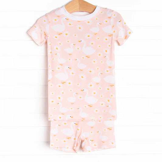 (Custom Design Preorder MOQ 5) Goose Daisy Print Girls Summer Pajamas Clothes Set
