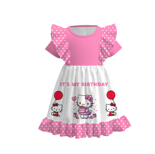 (Custom Design Preorder MOQ 5) Cartoon Cats It's My Birthday Girl Print Girls Knee Length Dress