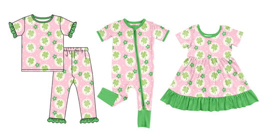 12.8 (Custom Design Preorder MOQ 5 Each Design) Leaf Pink Print Girls St. Patrick's Day Matching Clothes Sisters Wear