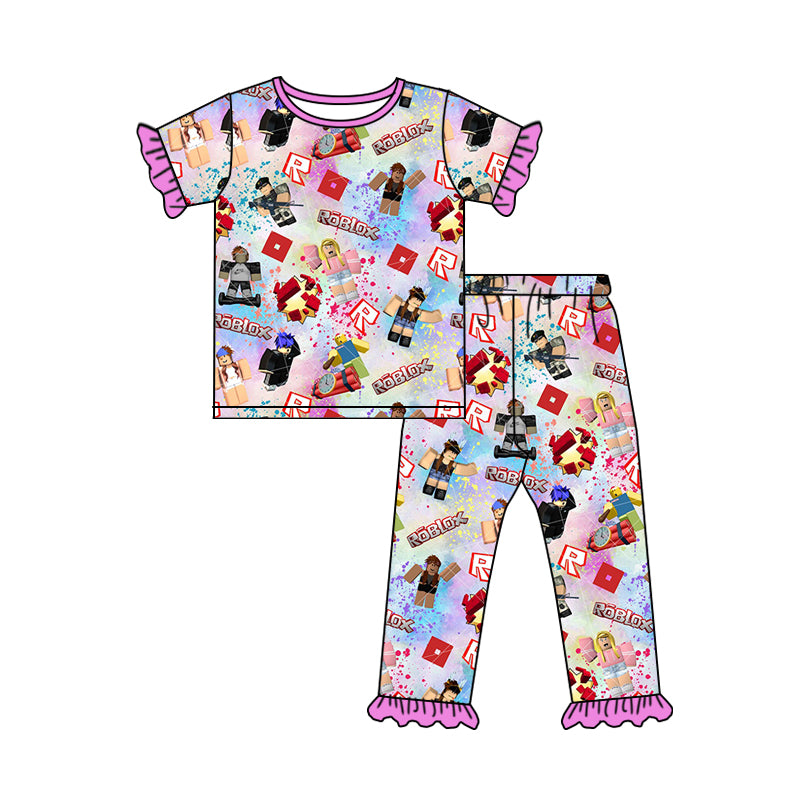 (Custom Design MOQ 5) Pink Game Design Girls Pajamas Clothes Set