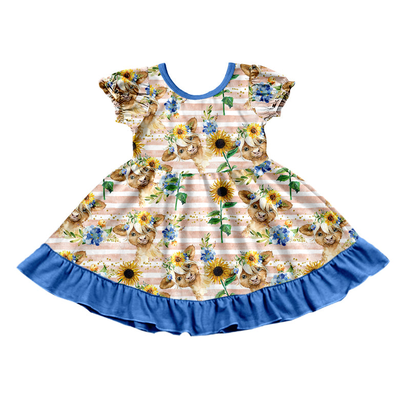 (Custom Design Preorder MOQ 5) Highland Cow Sunflowers Print Girls Summer Knee Length Dress
