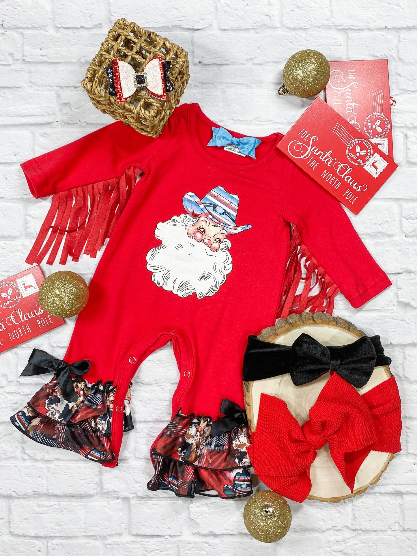 (Custom Design Preorder MOQ 5) Santa Print Baby Girls Christmas Romper