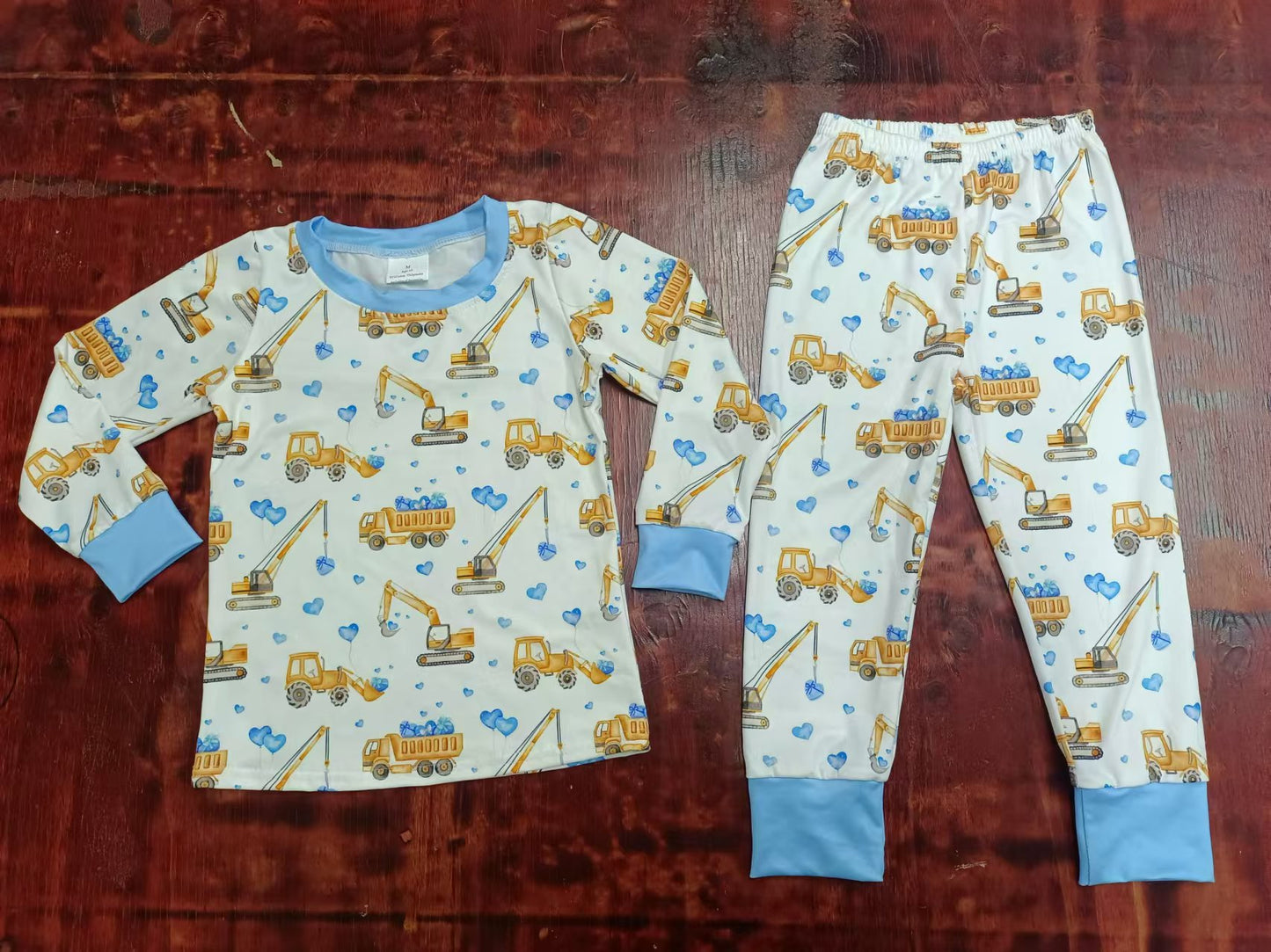 (Custom Design Preorder MOQ 3 ) Construction Trucks Blue Heart Print Boys Valentine's Day Pajamas Clothes Set