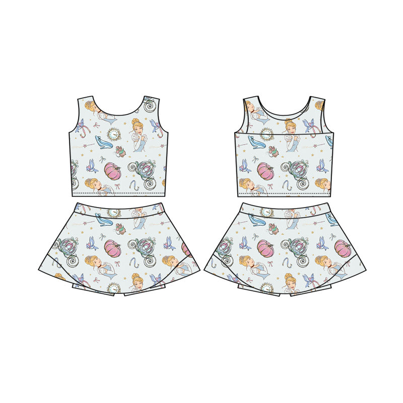 (Custom Design Preorder MOQ 5 Each Item )1-4 Styles Cartoon Princess Print Shorts Skirts Girls Summer Yoga Clothes Set