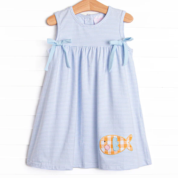 (Custom Design Preorder MOQ 5) Fish Stripes Print Girls Summer Knee Length Dress