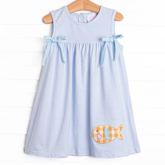 (Custom Design Preorder MOQ 5) Fish Stripes Print Girls Summer Knee Length Dress