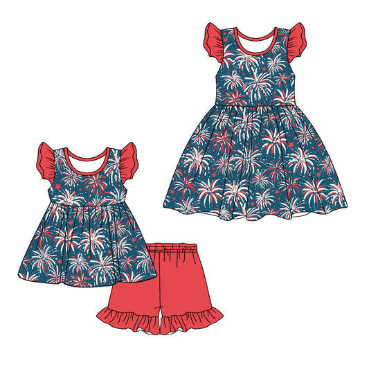 1.4(Custom Design Preorder MOQ 5 Each Design) Fireworks Print Girls 4th of July Matching Clothes Sisters Wear