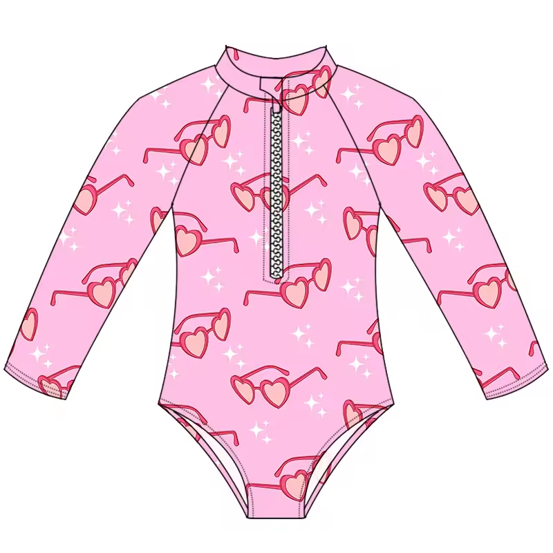 (Custom Design Preorder MOQ 5)  Pink Heart Sunglasses Print Girls 1 Piece Long Sleeve Zipper Swimsuits