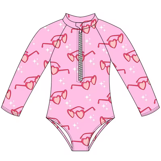 (Custom Design Preorder MOQ 5)  Pink Heart Sunglasses Print Girls 1 Piece Long Sleeve Zipper Swimsuits