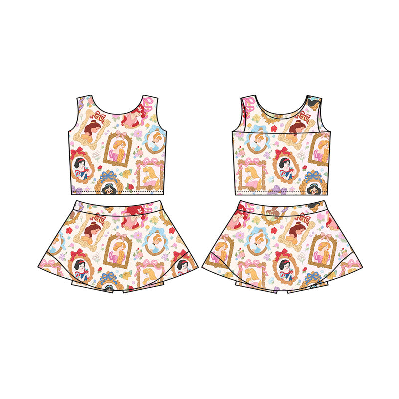 (Custom Design Preorder MOQ 5 Each Item )5-8 Styles Cartoon Princess Print Shorts Skirts Girls Summer Yoga Clothes Set