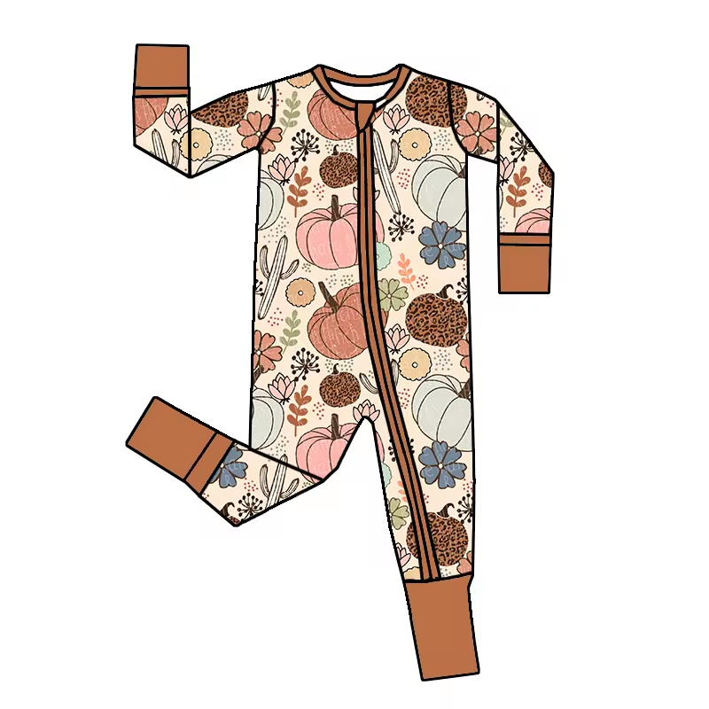 (Custom Design Preorder MOQ 5)  Pumpkin Flowers Print Baby Girls Zipper Sleeper Western Romper