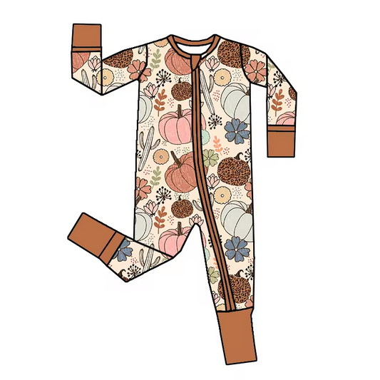 (Custom Design Preorder MOQ 5)  Pumpkin Flowers Print Baby Girls Zipper Sleeper Western Romper