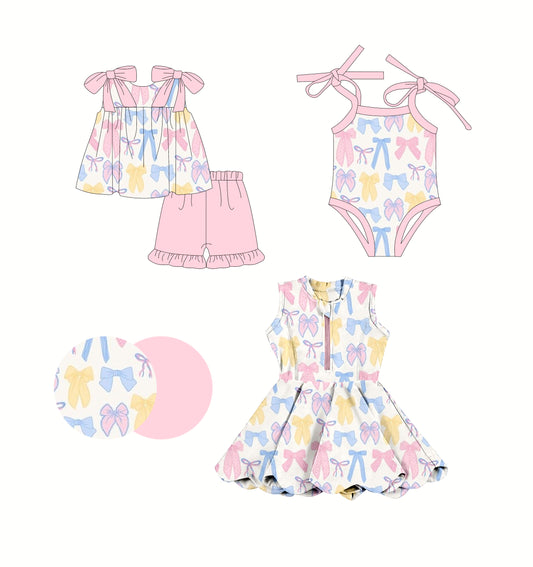 2.24(Custom Design Preorder MOQ 5 Each Design) Colorful Bows Print Girls Summer Matching Clothes Sisters Wear