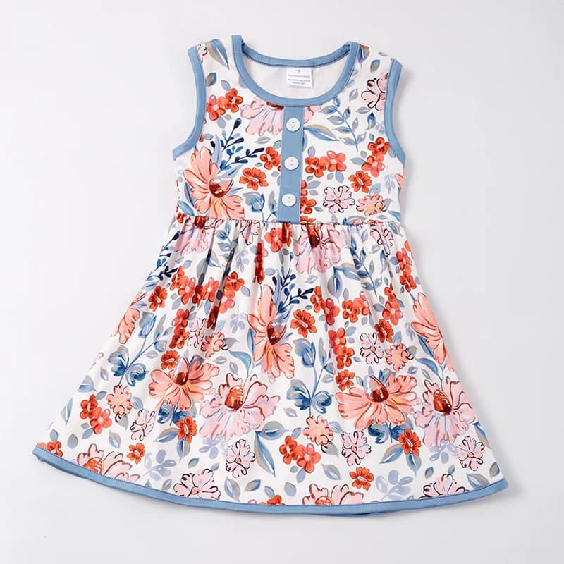 (Custom Design Preorder MOQ 5) Flowers Print Girls Knee Length Summer Dress
