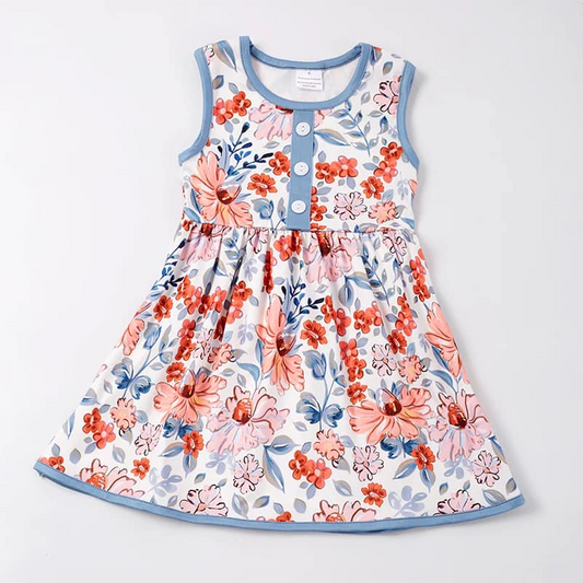 (Custom Design Preorder MOQ 5) Flowers Print Girls Knee Length Summer Dress