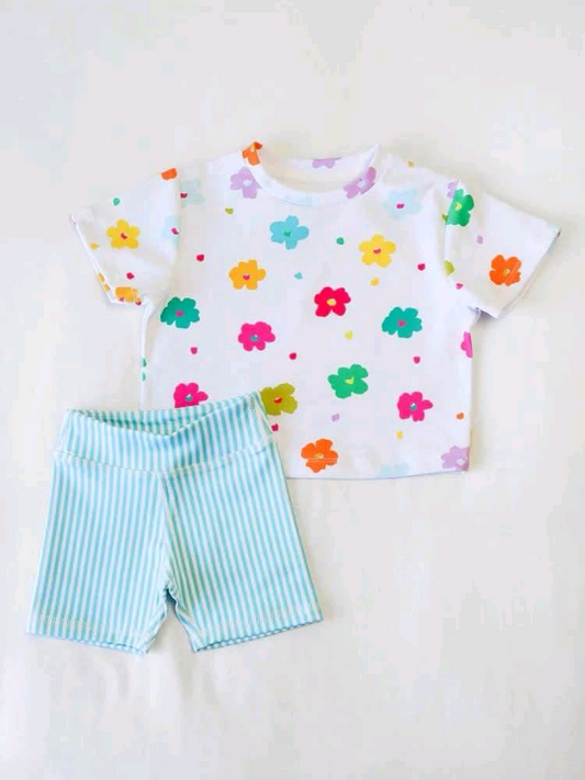(Custom Design Preorder MOQ 5) Colorful Flowers Top Stripes Shorts Girls Summer Clothes Set