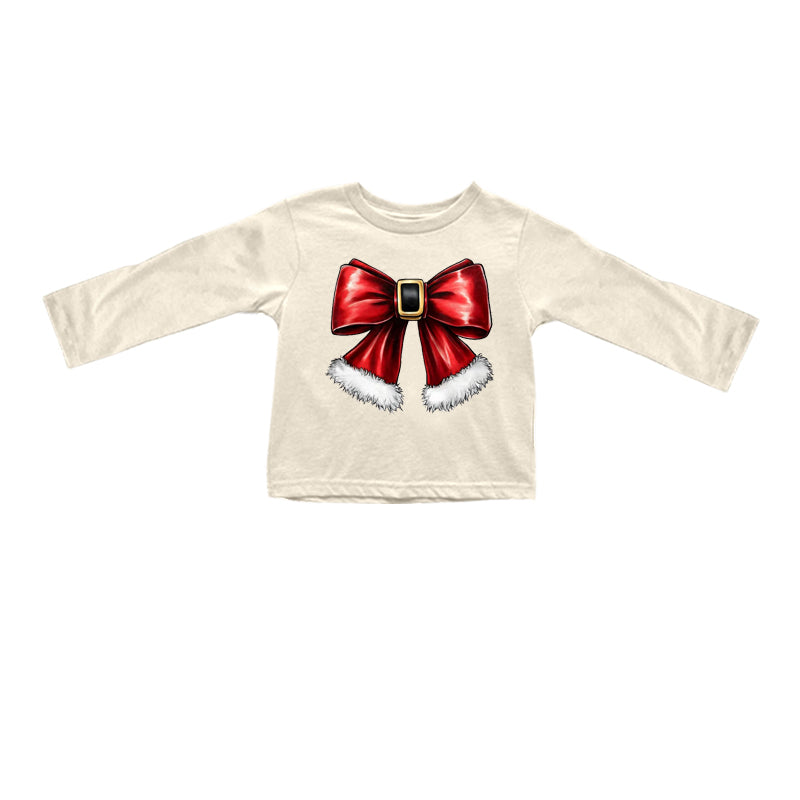 (Custom Design Preorder MOQ 5) Red Bow Print Girls Christmas Tee Shirts Top