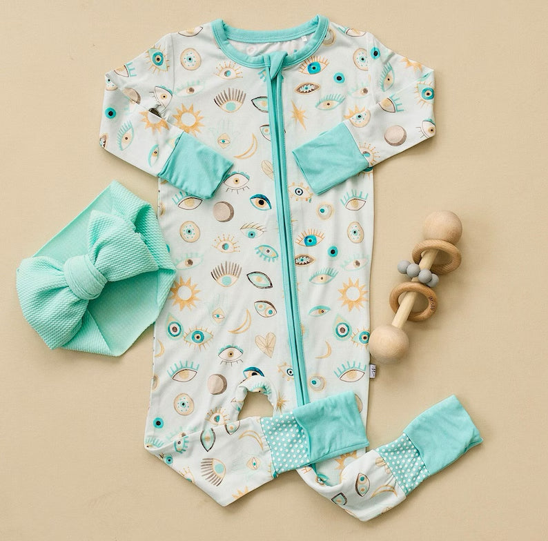 (Custom Design Preorder MOQ 5) Eyes Print Baby Boys Fall Sleeper Zipper Romper