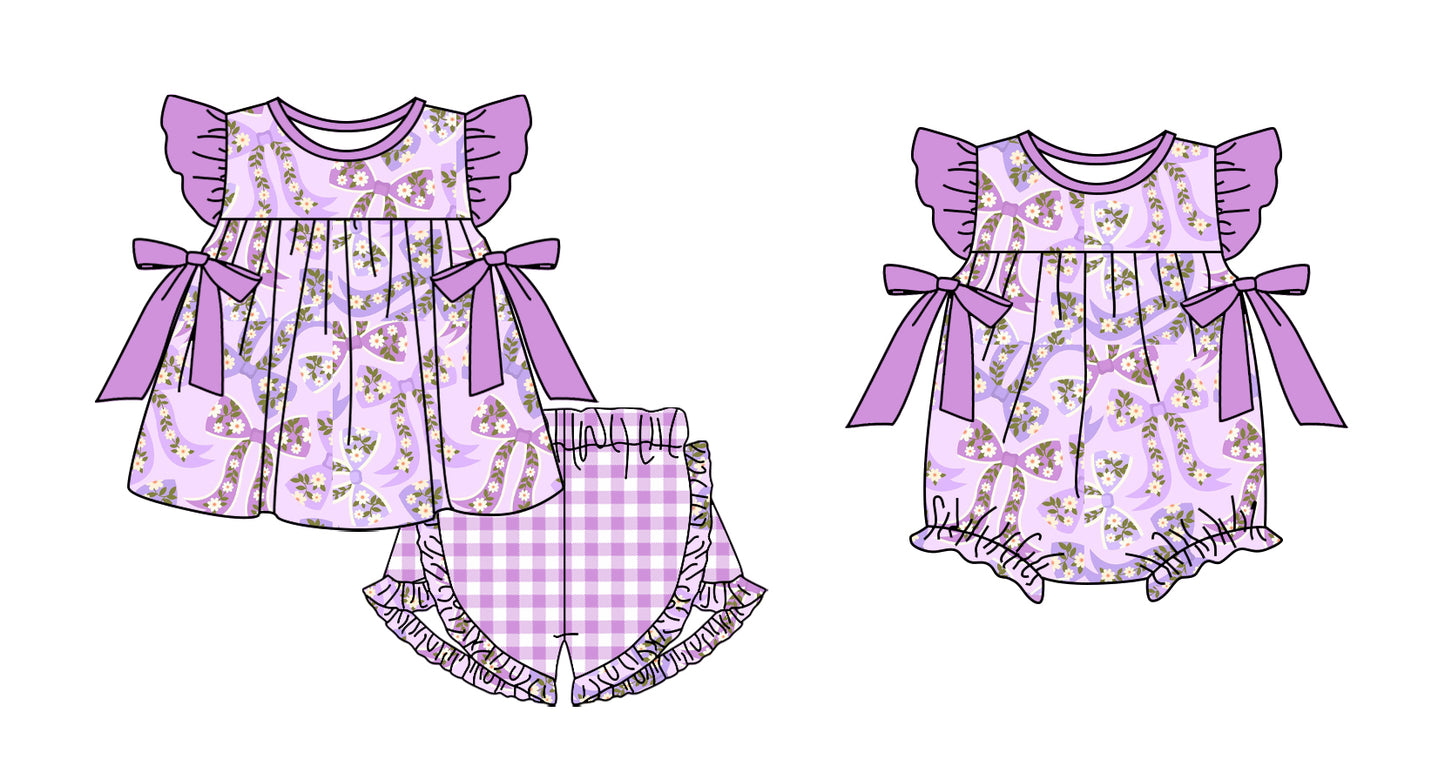 11.21(Custom Design Preorder MOQ 5 Each Design) Flowers Bows Purple Print Girls Summer Matching Clothes Sisters Wear