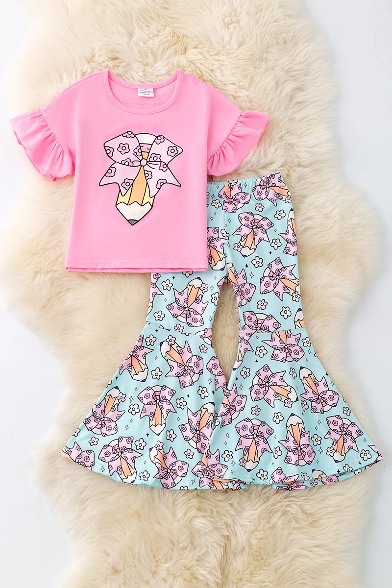 (Custom Design Preorder MOQ 5) Pen Bows Pink Top Flowers Bell Pants Girls Back to School Clothes Set