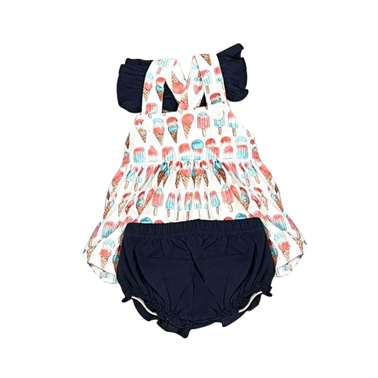 (Custom Design Preorder MOQ 5) Popsicle Tunic Top Navy Shorts Baby Girls 4th of July Bummie Sets