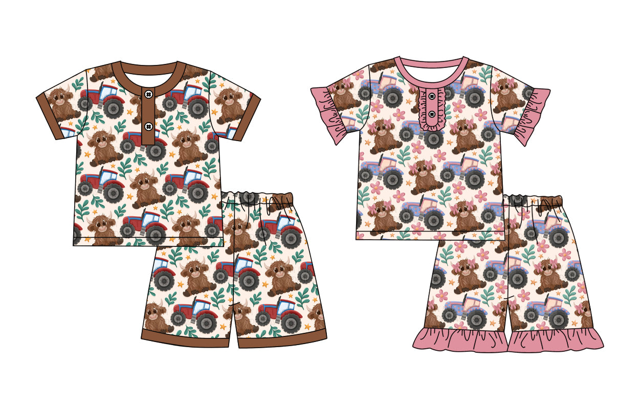 4.15(Custom Design Preorder MOQ 5 Each Design) Highland Cow Print Kids Summer Matching Clothes Sibling Wear
