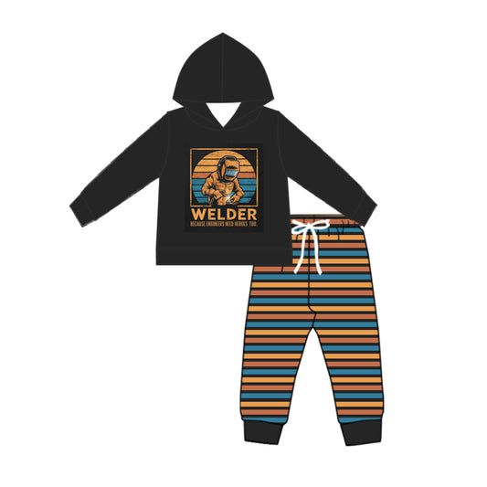 (Custom Design Preorder MOQ 5) Welder Black Hoodie Top Stripes Pants Boys Fall Clothes Set