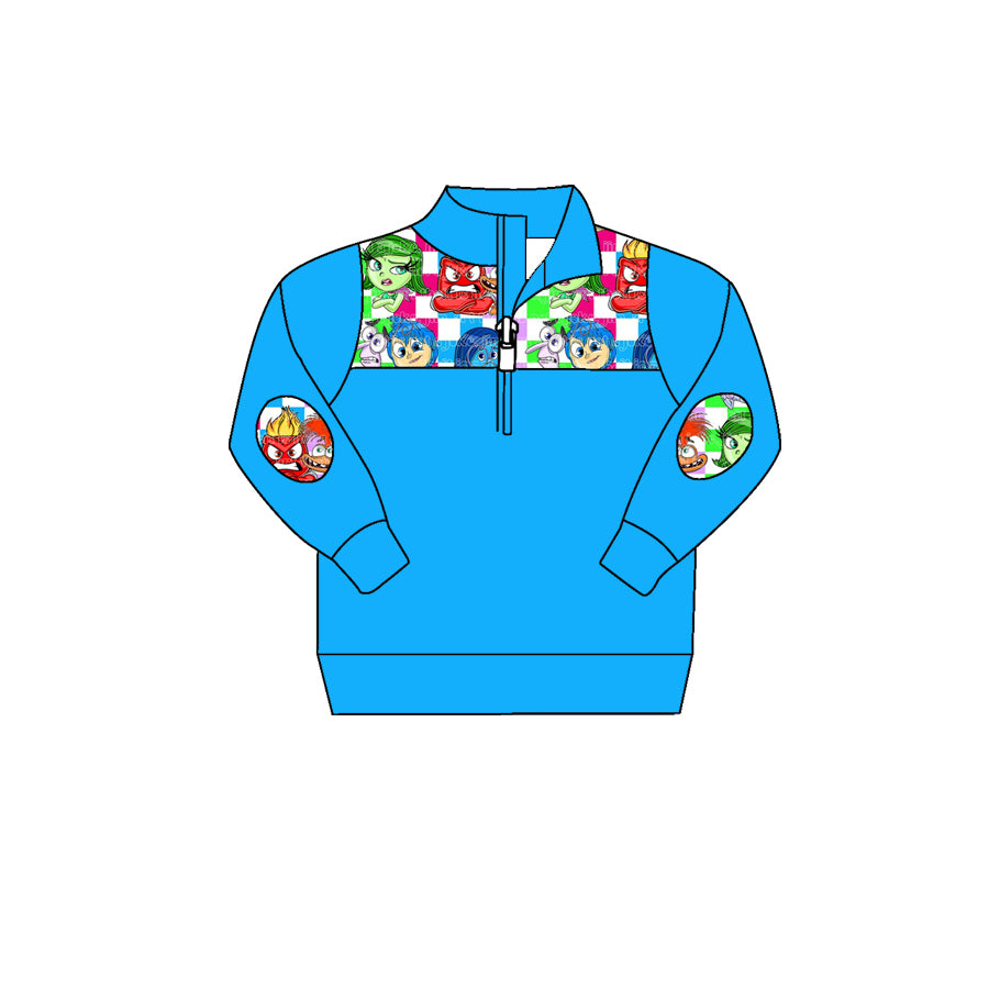 (Custom Design Preorder MOQ 5) Cartoon Figure Inside Out Blue Print Boys Long Sleeve Pullover Zipper Tops