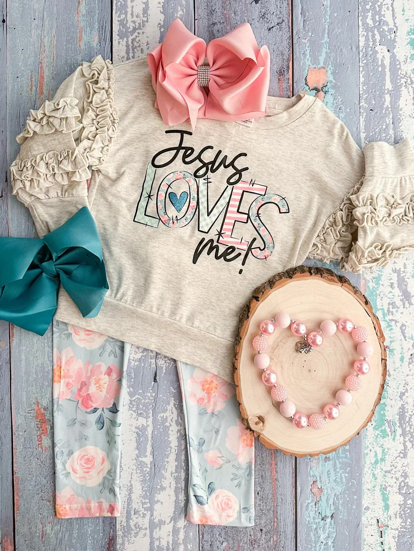 (Custom Design Preorder MOQ 5) Jesus Loves Me Top Flowers Pants Girls Clothes Set