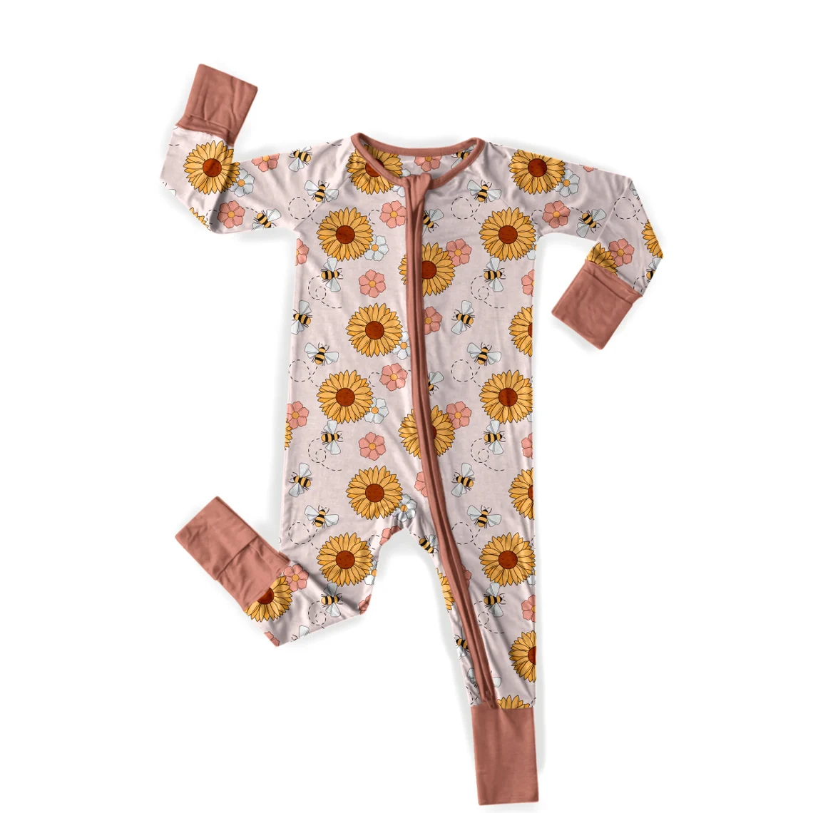 (Custom Design Preorder MOQ 5)  Sunflowers Bee Print Baby Girls Fall Bamboo Sleeper Zipper Romper