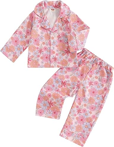 (Custom Design Preorder MOQ 5) Pink Flowers Print Girls Fall Buttons Pajamas Clothes Set