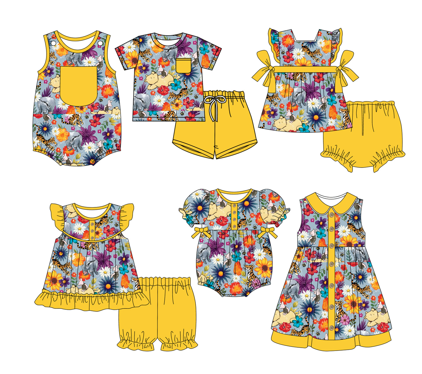 3.3(Custom Design Preorder MOQ 5 Each Design) Cartoon Bear Pooh Flowers Grey Print Kids Summer Matching Clothes Sibling Wear